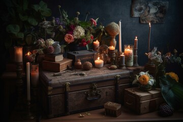Obraz na płótnie Canvas Table with trunk, flowers, candles, vases & box. Generative AI