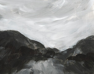 Abstract monochrome hand painted landscape. Versatile artistic image for creative design projects: posters, banners, cards, magazines, prints, covers, brochures, wallpapers. Acrylic on paper.