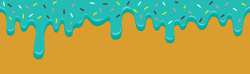 Seamless pattern border with sweet melting blue with colorful sprinkles. Vector illustration