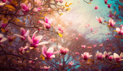 Obraz na płótnie Canvas Blooming magnolia tree in the spring sun rays. Selective focus. Copy space. Easter, blossom spring, sunny woman day concept. Pink purple magnolia flowers in blue summer sky