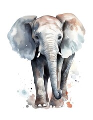 Fototapeta na wymiar Watercolor illustration of an african bush elephant on white background. Cute cartoon elephant in aquarelle style. Generative AI.