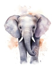 Watercolor illustration of an african bush elephant on white background. Cute cartoon elephant in aquarelle style. Generative AI.