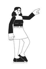 Female student wearing trendy summer clothes pointing monochromatic flat vector character. Editable thin line full body person on white. Simple bw cartoon spot image for web graphic design, animation