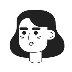 Lady with short fluffy wavy haircut monochromatic flat vector character head. Editable black white cartoon face emotion. Hand drawn lineart ink spot illustration for web graphic design, animation