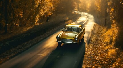 Obraz na płótnie Canvas A bird's eye view of a yellow car driving on a road crossing a forest during golden autumn season, perfect commercial shot concept background, created using Generative AI technology