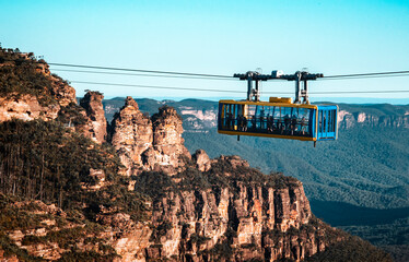 The scene of the Three Sisters peak in the Blue Mountains National Park with the cable car in a sunny day
