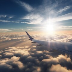 Airplane flies above the calm cloudscape towards the sun. Generative AI