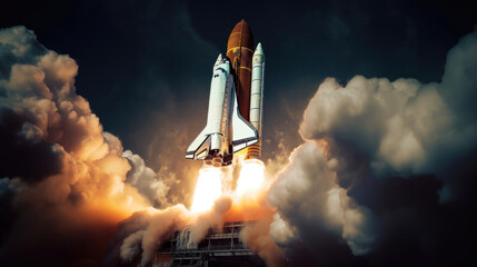 The launch of the space shuttle with fire and smoke. Generative AI