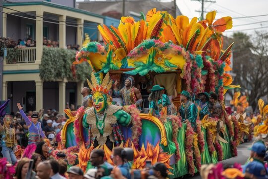 mardi gras parade with float passing by, filled with revelers and dancers, created with generative ai