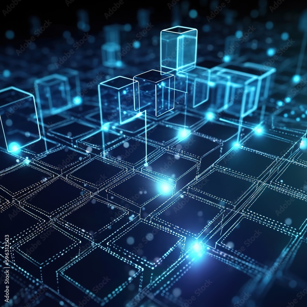 Poster blockchain technology. information blocks in digital space. decentralized global network. generative