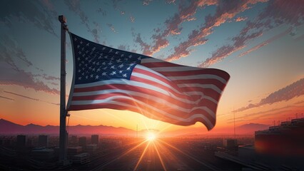 american flag in the sunset 