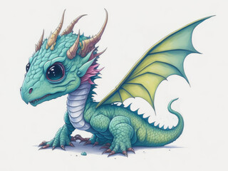 Fototapeta premium Cute dragon with wings in watercolor style