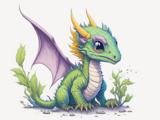 Cute dragon with wings in watercolor style