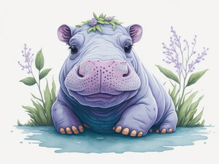 hippopotamus in the grass in watercolor style