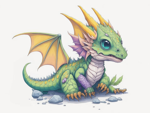 green dragon on white in watercolor style