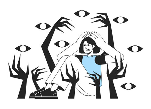 Psychosis episode flat line concept vector spot illustration. Woman struggling with nervous breakdown 2D cartoon outline character on white for web app UI design. Anxiety editable colorful hero image