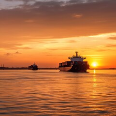 Obraz premium Container cargo freight ship at sunset. Generative AI