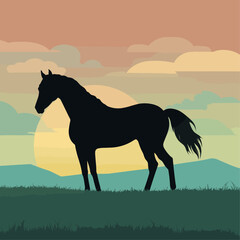 Silhouette horse,  green landscape, vector illustration