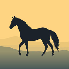 Silhouette horse, landscape, vector illustration