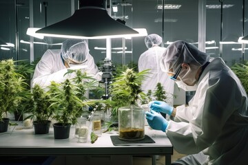 medical marijuana research lab with scientists conducting experiments and studying the effects of cannabis on the human body, created with generative ai - 596313796