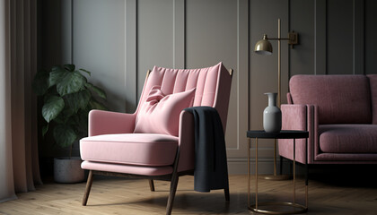 Pink armchair with a gray blanket and a black coffee table with a vase. Paneled wall in modern living room interior background with sofa, Generative AI