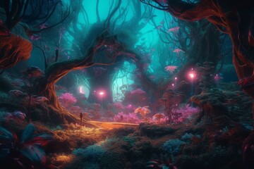 A storybook-like neon forest fantasy illustration with glowing colors. Generative AI