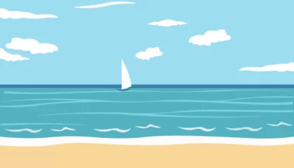 Zelfklevend Fotobehang horizontal landscape with the sea and a sailboat in the distance. beach and sea in flat style vector. sky with clouds, waves on the sea. wallpaper with a seascape. © Anna