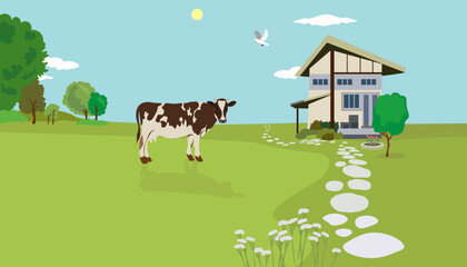 Obraz na płótnie Canvas horizontal rural landscape with a house and a cow. countryside in flat style vector. sunny day on the farm. a dove is flying in the sky. trees, stone path, flower bed, flowers.