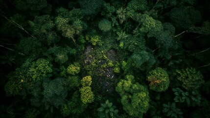 Obraz premium Top-down view photo of a deep green rainforest, nature environment background, created using Generative AI technology