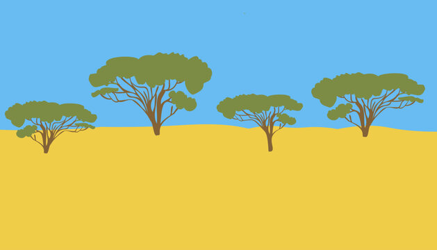 background image african savannah. simple landscape vector in flat style. landscape with trees against the sky. flag of ukraine. wallpaper with yellow earth and blue sky. african acacia. 