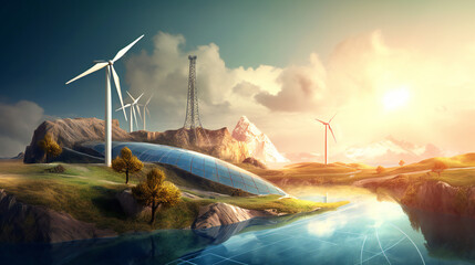 Solar panels and wind turbines on a rock. Generative AI - obrazy, fototapety, plakaty