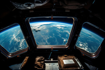View from the window of the spaceship to planet Earth, generative AI.