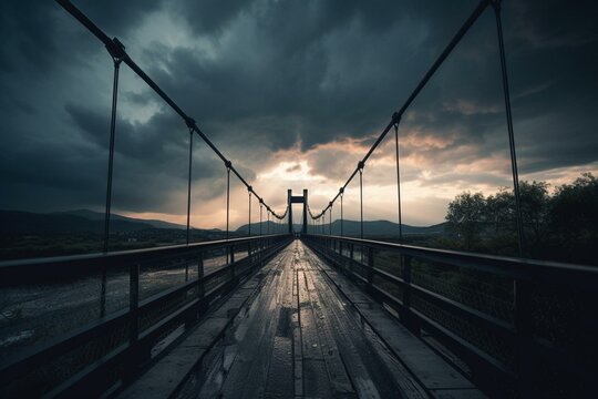 Suspension bridge amid cloudy sky. Generative AI