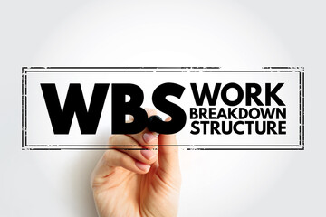 WBS Work Breakdown Structure - deliverable-oriented breakdown of a project into smaller components, acronym text stamp