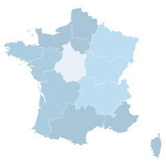 Fototapeta na wymiar France Map with administrative regions in blue color