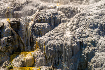 Fascinating sulphur rock formations, Pohutu Geyser, Whakarewarewa Thermal Valley, Rotorua, in the North Island of New Zealand.