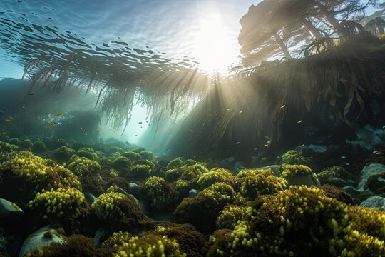 booming kelp forest with hundreds of species, including fish, crustaceans and echinoderms, created with generative ai