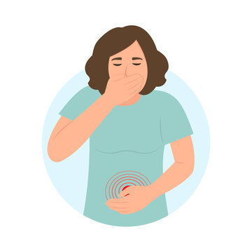 Woman suffering from vomit and closing mouth.Symptom of illness, health problems. Poisoning,Abdominal pain.Isolated flat vector illustration