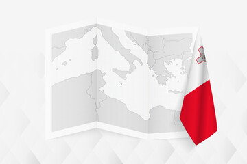 A grayscale map of Malta with a hanging Maltese flag on one side. Vector map for many types of news.