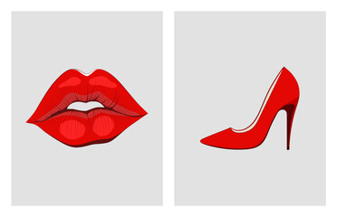 Red lips and stiletto heels fashionable illustrations. Feminine home decor, wall art