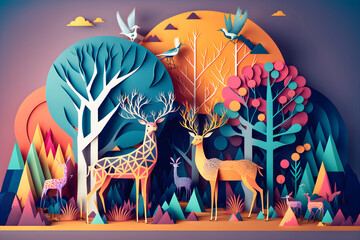 Abstract colorful forest with a trees, deers and birds made of paper. Generative AI