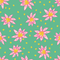 Fototapeta na wymiar pink lotus flowers vector pattern on green