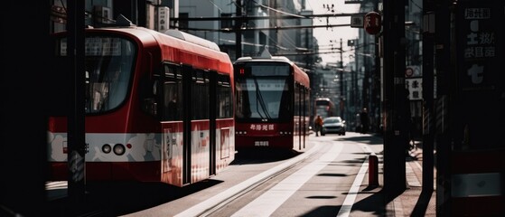 Red light rail tram on tracks in city street, Generative AI