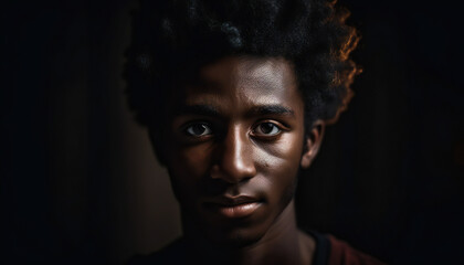 Handsome portrait of black man smiling. Afro American portrait with black background. Generative Ai.