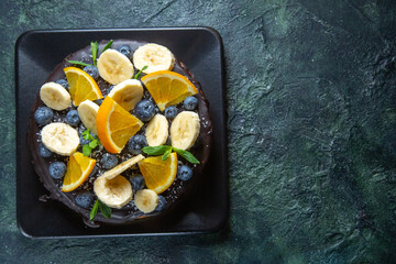 top view delicious chocolate cake with fresh fruits on dark background dessert sugar cake sweet...