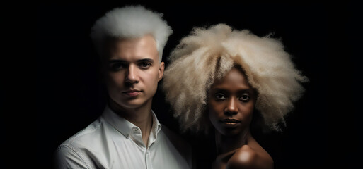 Young albino man and afro american woman portrait with black background. Generative ai.