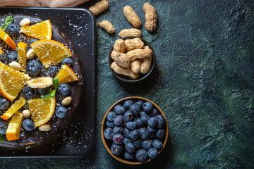 top view delicious chocolate cake with fresh fruits on dark background dessert sweet biscuit pie cake sugar