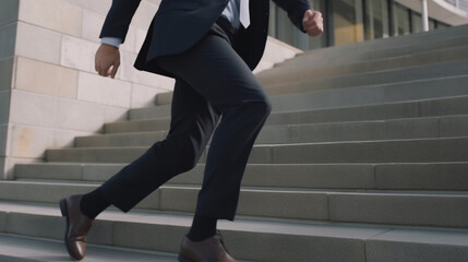 Successful Businessman in Executive Suit Running Upstairs in the City towards Job Success. Created using Generative AI.
