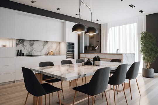 Kitchen with marble counter and dining table, white chairs. Generative AI