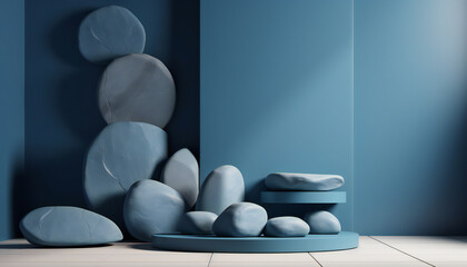 Blank blue small stones podium with texture, soft sunlight, grey flat round rock for luxury summer cosmetic, skincare, beauty product. Generative ai.